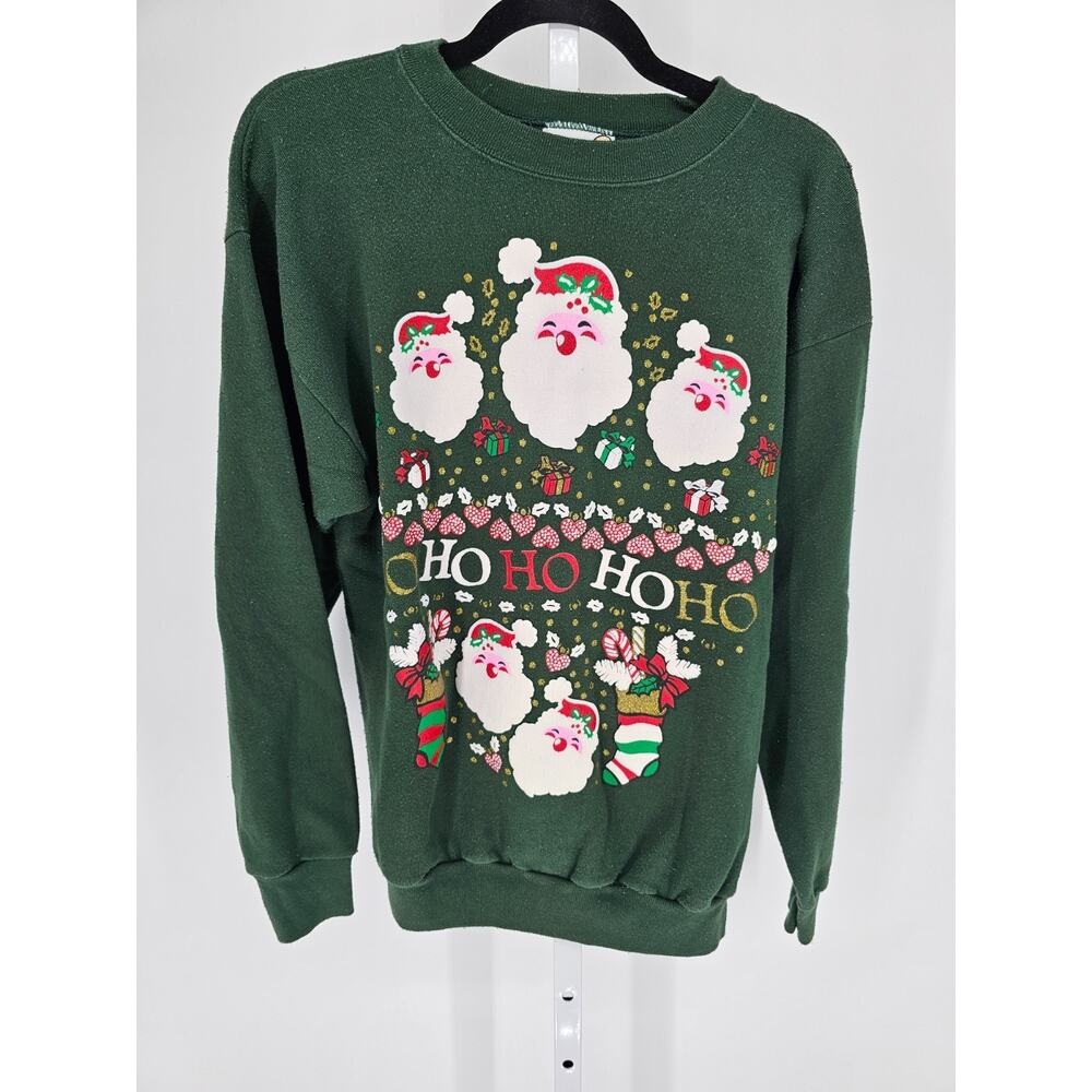 Vintage 1980s Womens Sz L Crew Neck Sweatshirt Green Christmas Holiday Ho Ho Ho